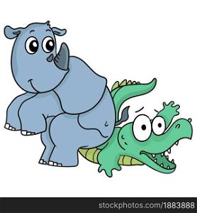 a crocodile is being squeezed by a rhino. cartoon illustration sticker emoticon