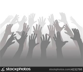 A crowd of people blending in shades of gray reach up their hands for white copyspace.