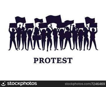 A crowd of protesters with posters. Political meeting and protest vector concept isolated. People crowd with banners, a group of protesters. Vector illustration, silhouette.