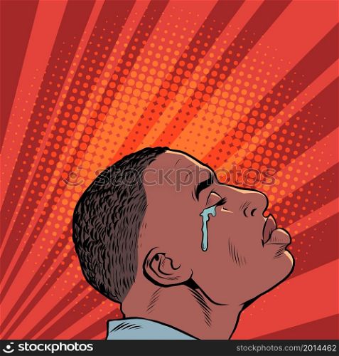 a crying black african american man, human emotions. Sad mood, sadness. Pop art retro vector illustration kitsch vintage 50s 60s style. a crying black african american man, Sad mood, sadness. human emotions