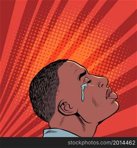 a crying black african american man, human emotions. Sad mood, sadness. Pop art retro vector illustration kitsch vintage 50s 60s style. a crying black african american man, Sad mood, sadness. human emotions