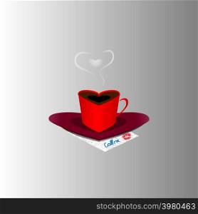 A cup of coffee and a saucer in the shape of a heart. The original cup and saucer in which the coffee is on a neutral background.