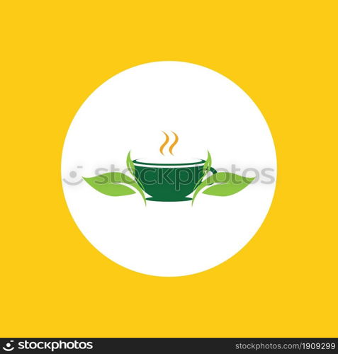 a cup of green tea leaves on a yellow background