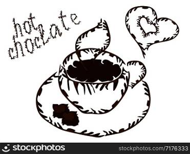 A cup of hot chocolate with streaks, an elegant outline, chocolate streaks. A cup of hot chocolate