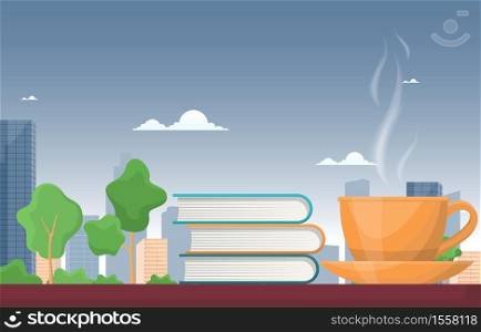 A Cup of Hot Tea on Table with Books City Skyline Illustration