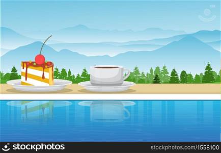 A Cup of Tea and Snack by Pool in Mountain Nature View Illustration