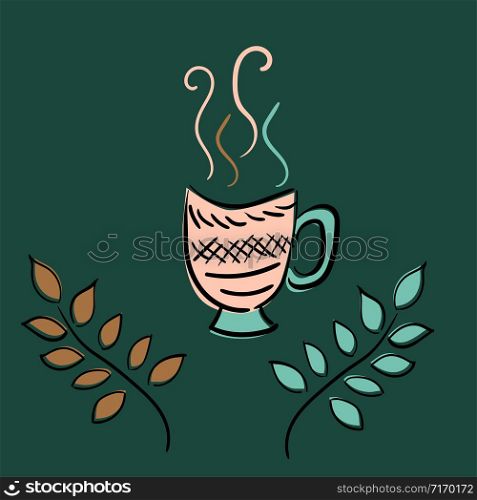 A cup of tea, coffee and plant branches. Vector sketch illustration. Limited color palette. A cup of tea, coffee and plant branches. Vector sketch illustration. Limited color palette.