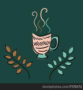 A cup of tea, coffee and plant branches. Vector sketch illustration. Limited color palette. A cup of tea, coffee and plant branches. Vector sketch illustration. Limited color palette.