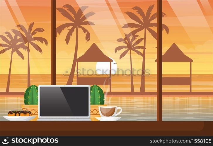 A Cup of Tea on Table With Laptop in Bali Beach Cafe Sunset Illustration