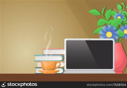 A Cup of Tea on Workbench Office Work Table Laptop Illustration