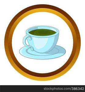 A cup of tea vector icon in golden circle, cartoon style isolated on white background. A cup of tea vector icon