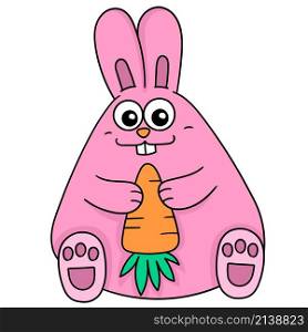 a cute and chubby rabbit sitting holding a carrot