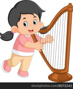 a cute and funny girl is learning the harp instrument