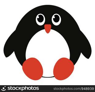 A cute baby penguin sitting with its beak in red color, vector, color drawing or illustration.
