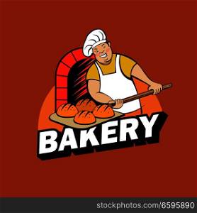 A cute Baker works in a bakery. The Baker bakes bread in the oven. Bakery vector logo.