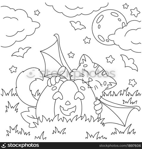 A cute bat bites a pumpkin. Coloring book page for kids. Halloween theme. Cartoon style character. Vector illustration isolated on white background.