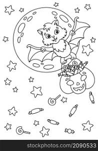 A cute bat carries a pumpkin basket with sweets. Moon and stars in the background. Halloween theme. Coloring book page for kids. Cartoon style. Vector illustration isolated on white background.