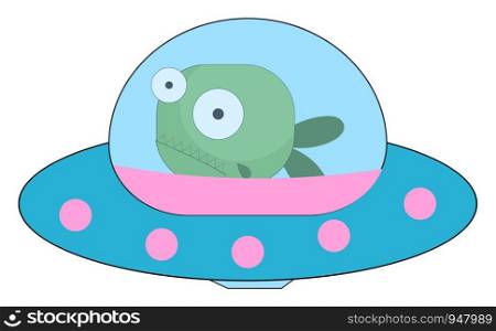 A cute blue flying machine with a green fish in it , vector, color drawing or illustration.