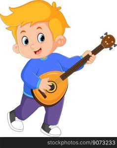 a cute boy dancing and playing a mandolin instrument