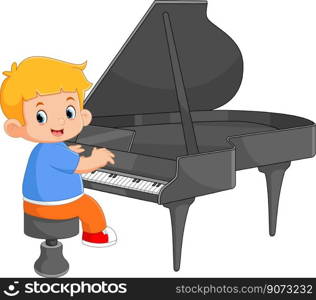 a cute boy is learning to play the piano