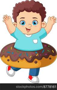 A cute boy playing with a big chocolate donut toy of illustration