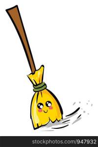 A cute broom in bright yellow colour which seems to be very happy , vector, color drawing or illustration.