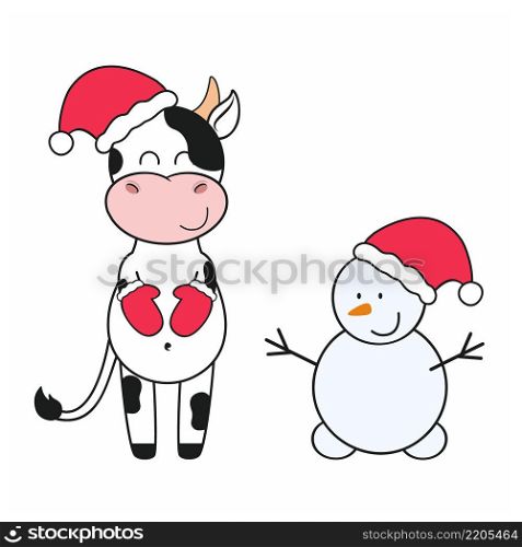 A cute bull in a Santa hat and red mittens makes a snowman. Year Of The Bull 2021. Illustration for New year and Christmas. Holiday card, design element, greeting. Happy New year and Christmas