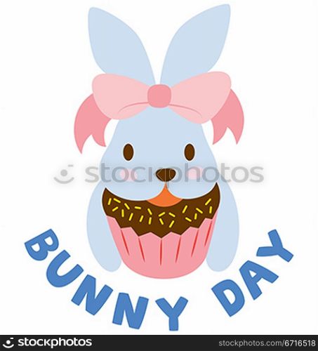 A cute bunny holding on a chocolate cupcake, wearing a big pink ribbon.