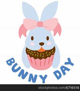 A cute bunny holding on a chocolate cupcake, wearing a big pink ribbon.