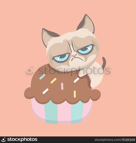 A cute cartoon animal with dessert.. A Cute grumpy cat with dessert.