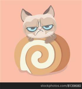 A cute cartoon animal with dessert.. A Cute grumpy cat with dessert.