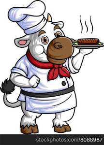 a cute cartoon cow smiling, wearing a chef s outfit of illustration