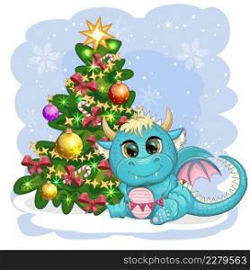 A cute cartoon green dragon in a Santa hat holds a red gift and sits next to the Christmas tree. 2024 new year, chinese calendar. A cute cartoon green dragon in a Santa hat holds a red gift and sits next to the Christmas tree. 2024 new year