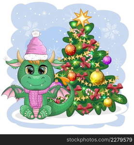 A cute cartoon green dragon in a Santa hat holds a red gift and sits next to the Christmas tree. 2024 new year, chinese calendar. A cute cartoon green dragon in a Santa hat holds a red gift and sits next to the Christmas tree. 2024 new year