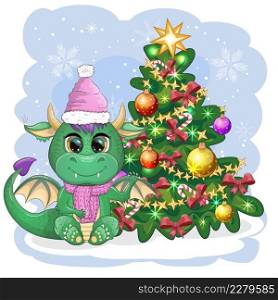 A cute cartoon green dragon in a Santa hat holds a red gift and sits next to the Christmas tree. 2024 new year, chinese calendar. A cute cartoon green dragon in a Santa hat holds a red gift and sits next to the Christmas tree. 2024 new year