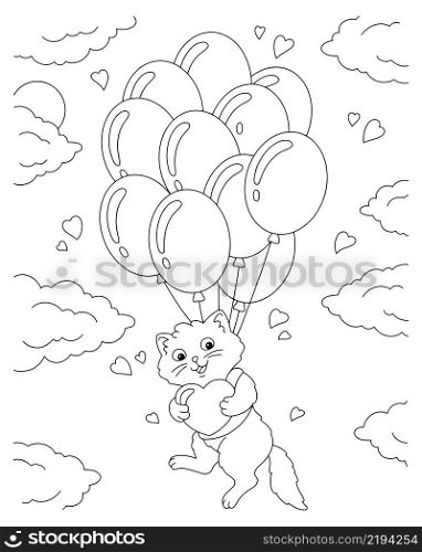 A cute cat flies on balloons and holds a gift in its paws. Coloring book page for kids. Valentine&rsquo;s Day. Cartoon style character. Vector illustration isolated on white background.
