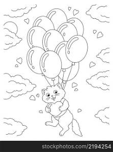 A cute cat flies on balloons and holds a gift in its paws. Coloring book page for kids. Valentine&rsquo;s Day. Cartoon style character. Vector illustration isolated on white background.