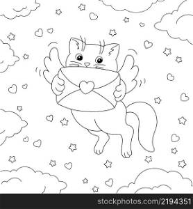 A cute cat with wings carries a love letter. Coloring book page for kids. Cartoon style character. Vector illustration isolated on white background. Valentine&rsquo;s Day.