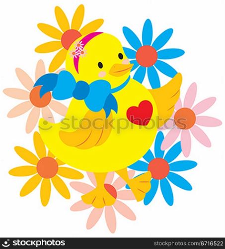 A cute chick with love shape on her chest and wearing a big ribbon with flowers on her head.