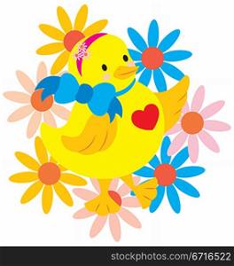 A cute chick with love shape on her chest and wearing a big ribbon with flowers on her head.