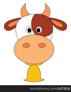A cute cow with small horns and a big yellow bell on her neck , vector, color drawing or illustration.