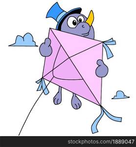 a cute creature holding a kite flying in the wind. cartoon illustration sticker emoticon