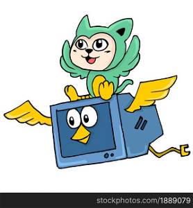 a cute creature in the shape of a bird on a winged television. cartoon illustration sticker emoticon