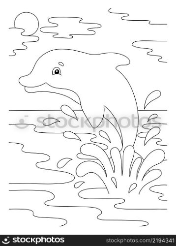 A cute dolphin splashes in the water. Coloring book page for kids. Cartoon style character. Vector illustration isolated on white background.