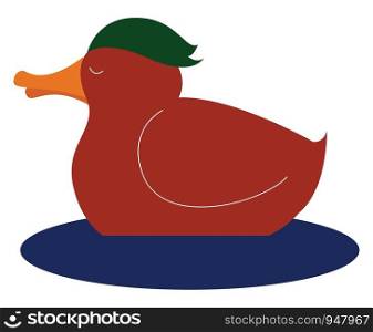 A cute duck on water in orange colour with long yellow beak , vector, color drawing or illustration.