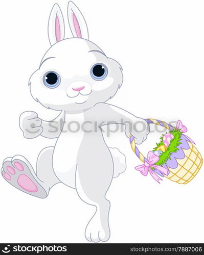 A cute Easter bunny holds full basket of colored egg