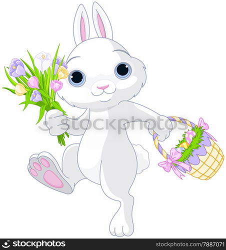 A cute Easter bunny holds full basket of colored eggs and bouquet of flowers