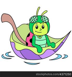 a cute fly insect riding a leaf boat washed away in the flood