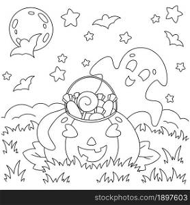 A cute ghost found a pumpkin with sweets on the field. Coloring book page for kids. Halloween theme. Cartoon style character. Vector illustration isolated on white background.