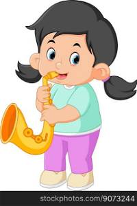 a cute girl plays a saxophone musical instrument